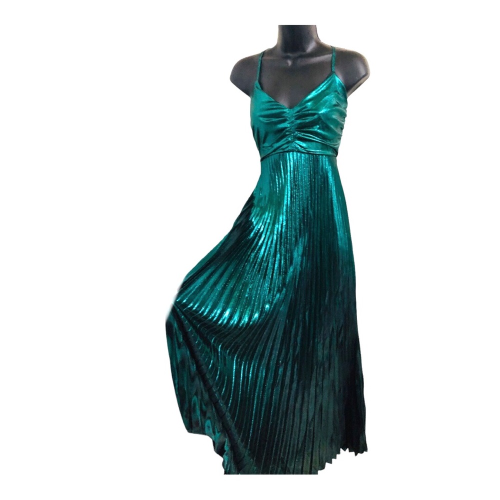 Beautiful emerald green lurex look open lace up back pleated maxi dress size S - Picture 1 of 17